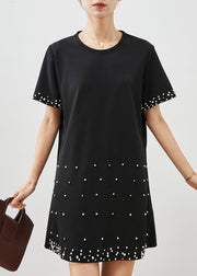 Plus Size Black Nail Bead Cotton Mid Dress Summer