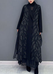 Plus Size Black Notched Tulle Patchwork Maxi Cardigans Long Sleeve