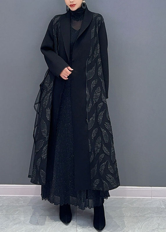 Plus Size Black Notched Tulle Patchwork Maxi Cardigans Long Sleeve