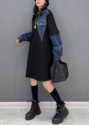 Plus Size Black O-Neck Denim Patchwork Cotton Robe Dresses Fall