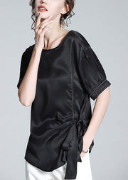 Plus Size Black O-Neck Drawstring Tie Waist Silk T Shirt Summer