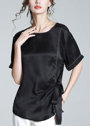 Plus Size Black O-Neck Drawstring Tie Waist Silk T Shirt Summer