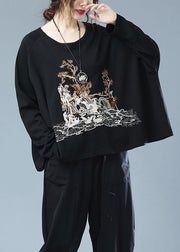 Plus Size Black O Neck Embroideried Patchwork Cotton T Shirt Top Fall