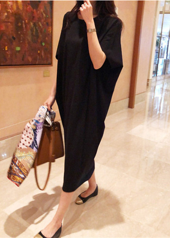 Plus Size Black O-Neck Linen Long Dress Batwing Sleeve