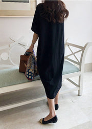 Plus Size Black O-Neck Linen Long Dress Batwing Sleeve