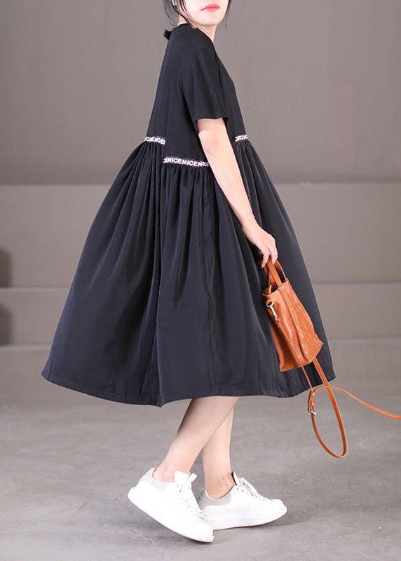 Plus Size Black O-Neck Oversized Letter Applique Pleated Dress Summer