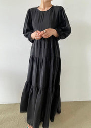 Plus Size Black O-Neck Patchwork Backless Cotton Maxi Dress Bracelet Sleeve