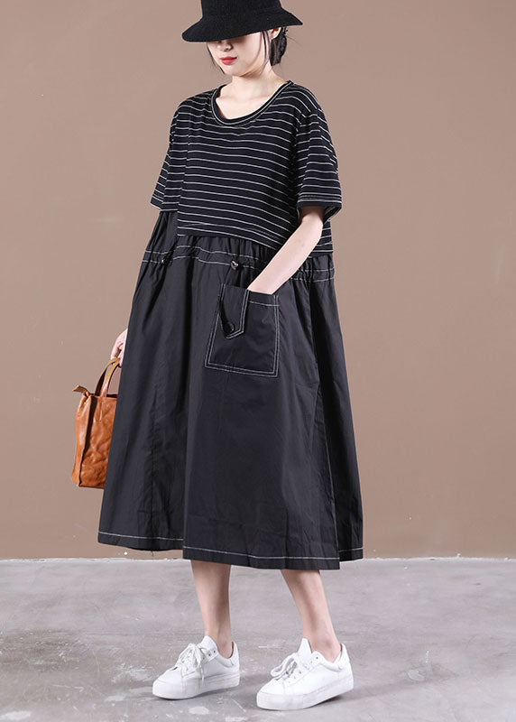 Plus Size Black O-Neck Patchwork Striped Cotton Long Dress Short Sleeve