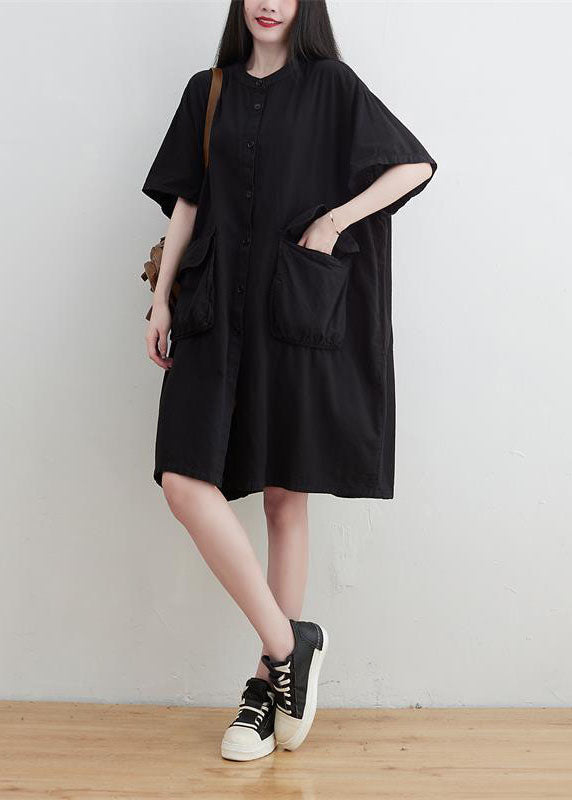 Plus Size Black O-Neck Pockets Button Linen Dresses Short Sleeve