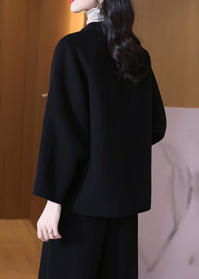 Plus Size Black O Neck Pockets Wool Coats Spring