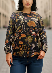 Plus Size Black O-Neck Print Knitting Cotton Sweaters Fall