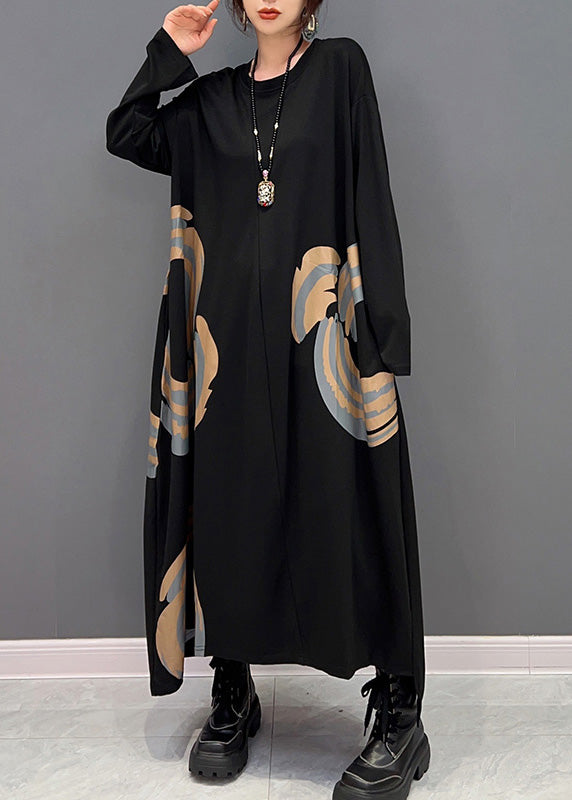 Plus Size Black O-Neck Print Maxi Dresses Spring