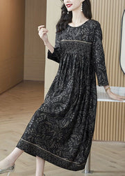 Plus Size Black O-Neck Print Silk Robe Dresses Spring