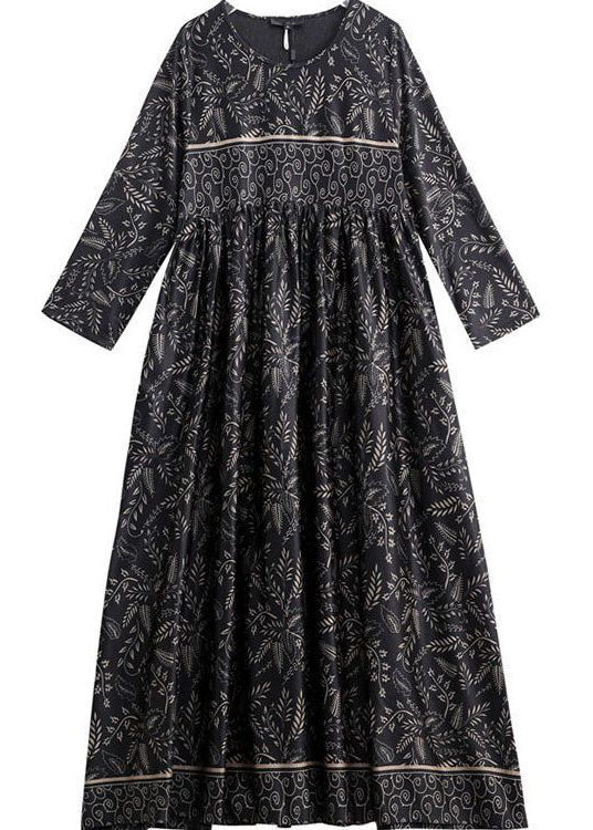 Plus Size Black O-Neck Print Silk Robe Dresses Spring