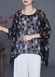 Plus Size Black O-Neck Print Silk UPF 50+ Top Bracelet Sleeve