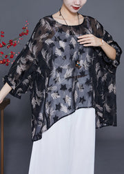 Plus Size Black O-Neck Print Silk UPF 50+ Top Bracelet Sleeve