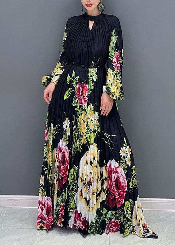 Plus Size Black O-Neck Print Wrinkled Long Dress Long Sleeve