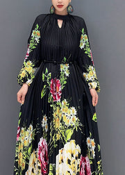 Plus Size Black O-Neck Print Wrinkled Long Dress Long Sleeve