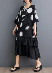 Plus Size Black O Neck Ruffled Patchwork Chiffon Dress Summer