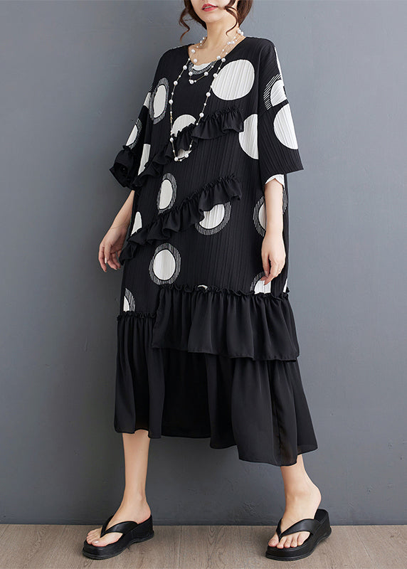 Plus Size Black O Neck Ruffled Patchwork Chiffon Dress Summer