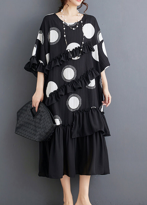 Plus Size Black O Neck Ruffled Patchwork Chiffon Dress Summer