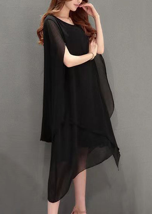 Plus Size Black O Neck Solid Chiffon Cape Dresses Summer