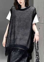 Plus Size Black O Neck Tasseled Patchwork Knitting Cotton Waistcoat Sleeveless