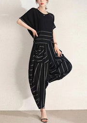 Plus Size Black O-Neck Wrinkled Striped Cotton Two-Piece Set Summer