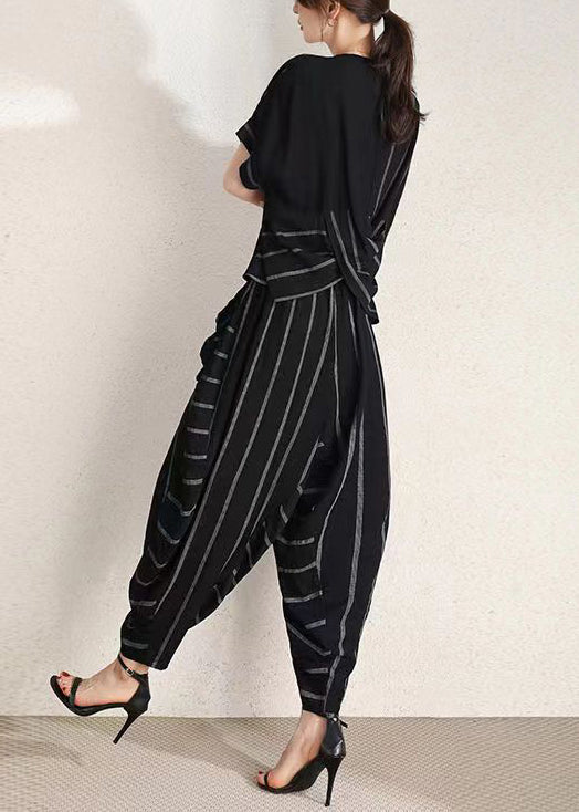 Plus Size Black O-Neck Wrinkled Striped Cotton Two-Piece Set Summer