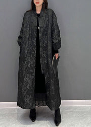 Plus Size Black Oriental Button Jacquard Spandex Coats Fall