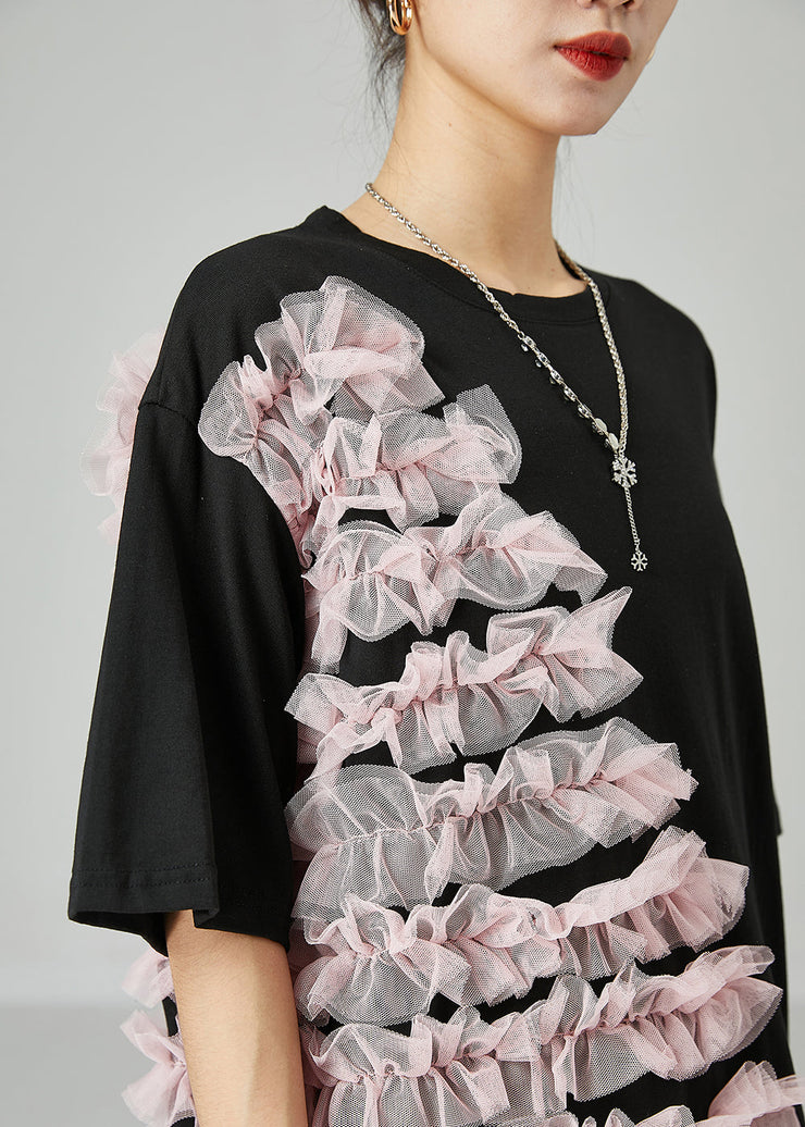 Plus Size Black Oversized Patchwork Ruffled Cotton Top Summer