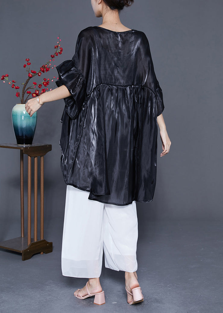 Plus Size Black Oversized Patchwork Silk Shirt Top Summer