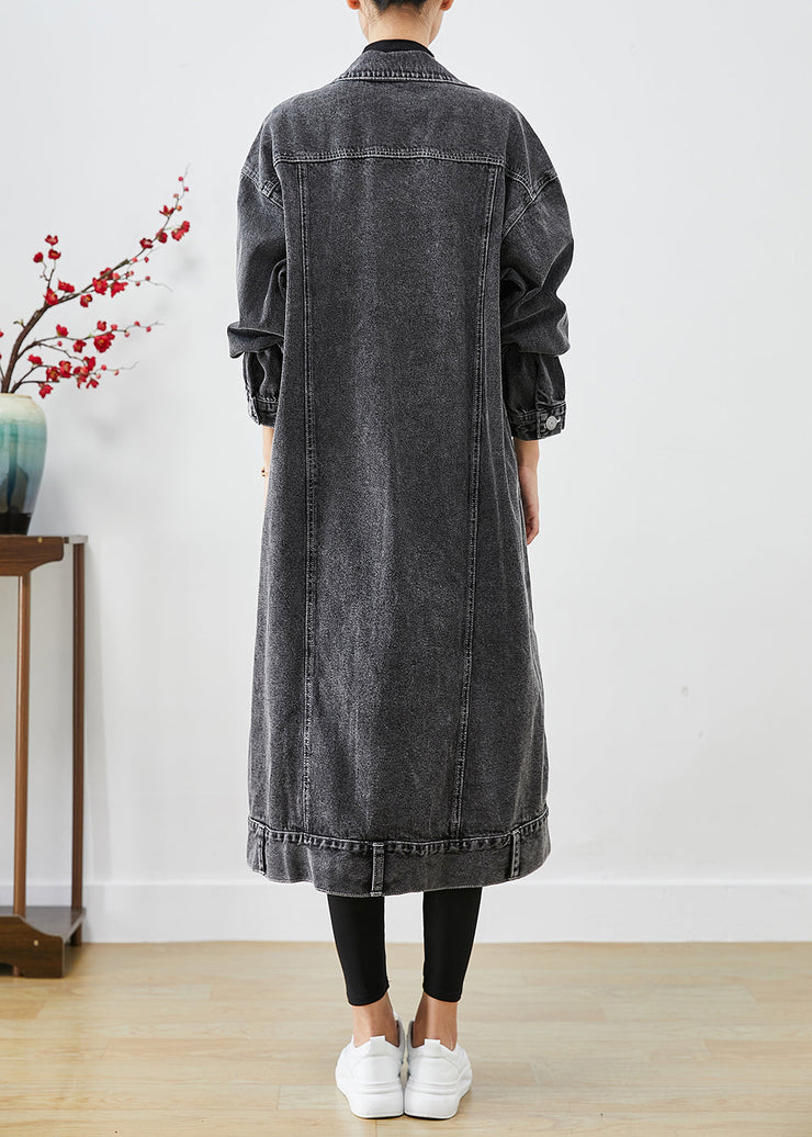 Plus Size Black Oversized Pockets Denim Trench Coats Fall