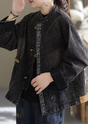 Plus Size Black Oversized Pockets Patchwork Cotton Denim Coats Fall