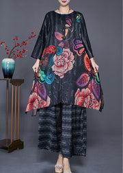 Plus Size Black Oversized Print Side Open Silk Two Pieces Set Summer