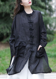 Plus Size Black Oversized Side Open Linen UPF 50+ Long Shirt Spring