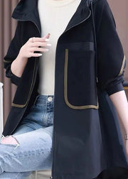 Plus Size Black Patchwork Zippered Pockets Hooded Coats Long Sleeve