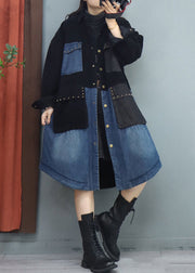 Plus Size Black Peter Pan Collar Pockets Patchwork Coat Fall