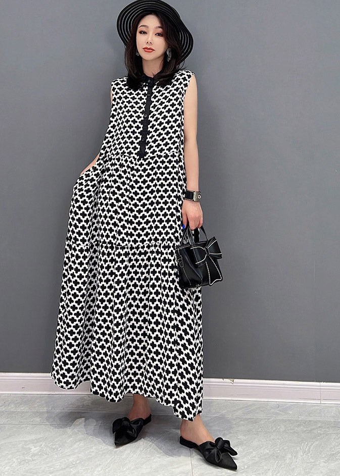 Plus Size Black Peter Pan Collar Print Button Pockets Dress Sleeveless