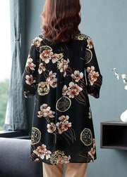 Plus Size Black Peter Pan Collar Print Patchwork Chiffon Shirts Tops Summer