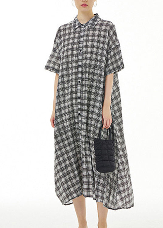 Plus Size Black Plaid Button Cotton Maxi Dresses Summer