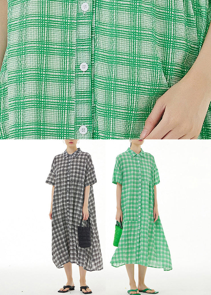 Plus Size Black Plaid Button Cotton Maxi Dresses Summer