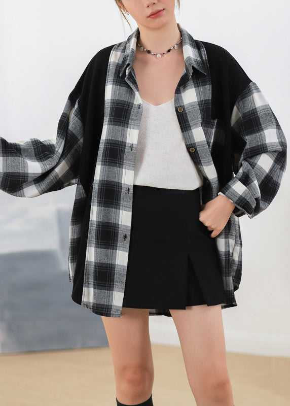 Plus Size Black Plaid Button Patchwork Cotton Shirt Fall