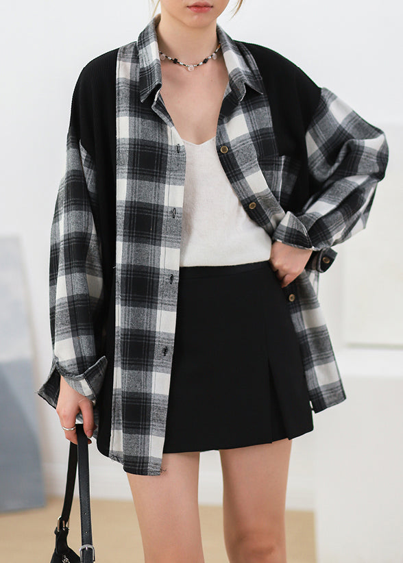 Plus Size Black Plaid Button Patchwork Cotton Shirt Fall