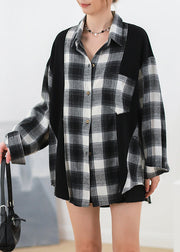 Plus Size Black Plaid Button Patchwork Cotton Shirt Fall