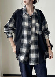 Plus Size Black Plaid Button Patchwork Cotton Shirts Fall