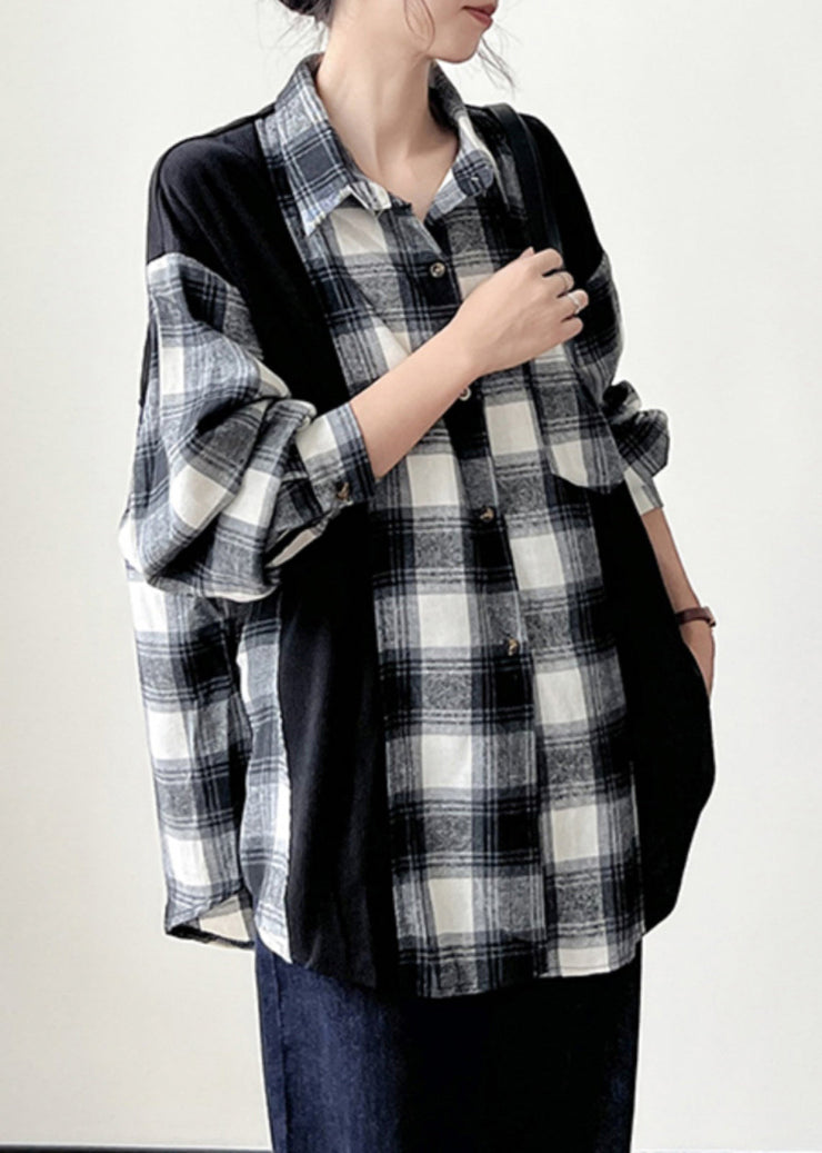 Plus Size Black Plaid Button Patchwork Cotton Shirts Fall