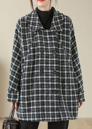 Plus Size Black Plaid Peter Pan Collar Pockets Woolen Jacket Fall