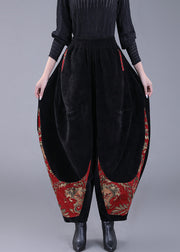 Plus Size Black Pockets Embroidered Corduroy Lantern Pants Fall