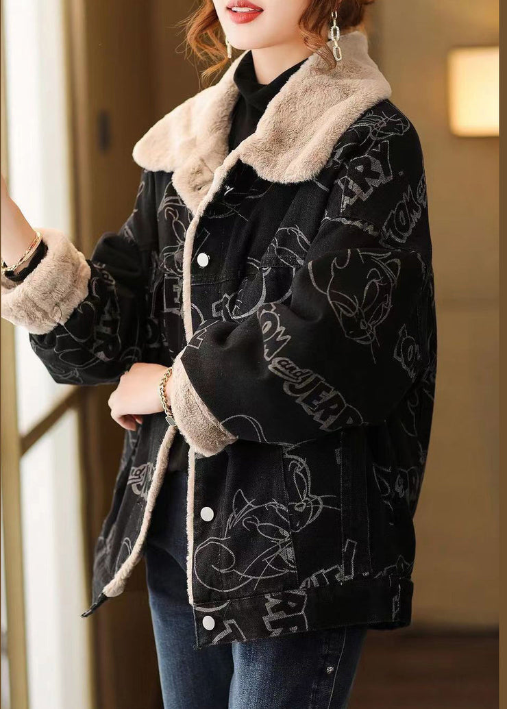 Plus Size Black Print Button Patchwork Warm Fleece Coat Winter